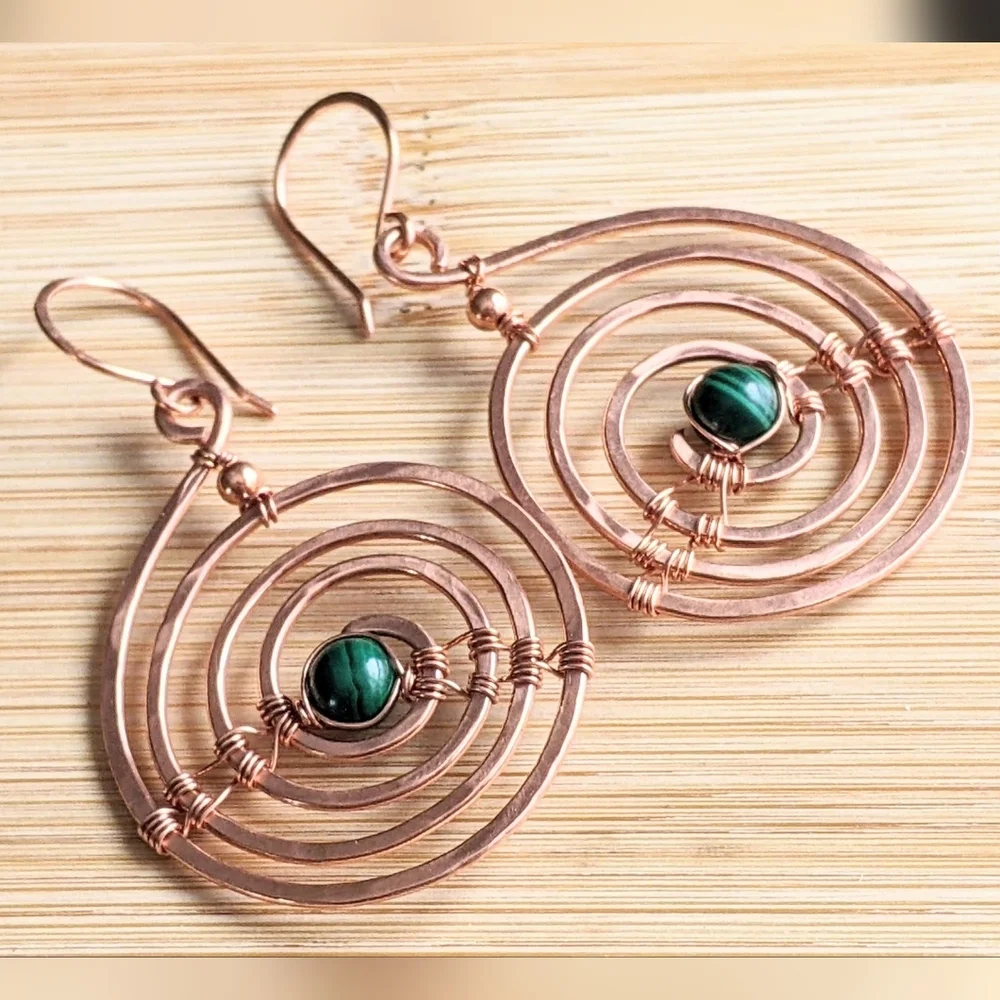 Industrial Urban Copper Spiral Earrings Natural Malachite Gems Earthy Bold - Picture 3 of 12